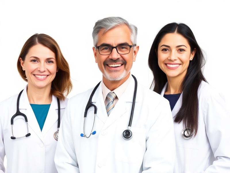 Diverse team of three licensed healthcare professionals in white coats